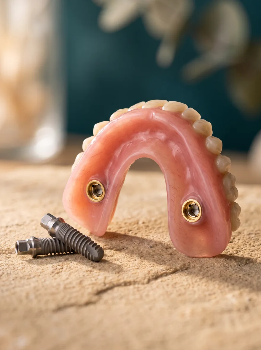Onderprothese klikgebit met twee klikbevestigingen en titanium implantaten